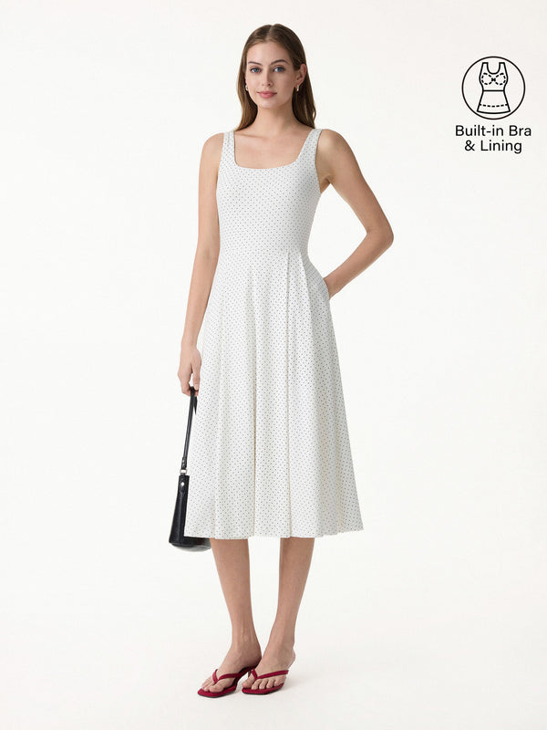 Stretch Cotton Polka Dot Square Neck Midi Bra Dress with Pockets
