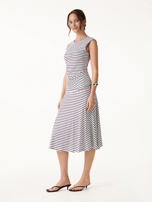 OGLmove 2Pcs Set Striped Tucked Sleeveless Bra Top & Circle Flare Ruched Midi Skirt