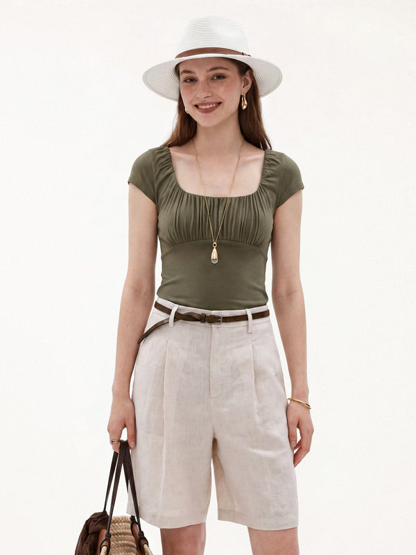 OGLmove Linen Blend Jersey Ruched Square Neck Cropped Bra Top