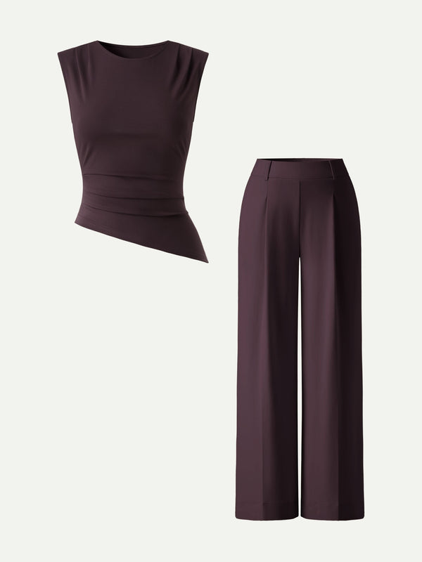 2Pcs Set Tucked Asymmetrical Hem Top & High Rise Wide Leg Pants