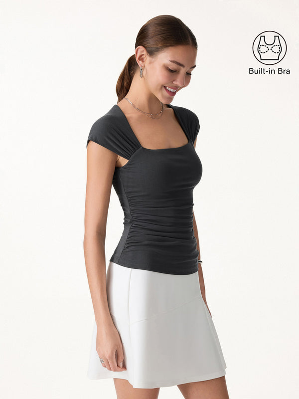 OGLmove Cool-Touch Square Neck Cap Sleeve Ruched Bra Top