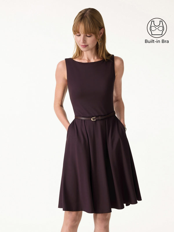 Stretchy Boatneck Fit-and-Flare Mini Bra Dress with Pockets Purple Gloam XS