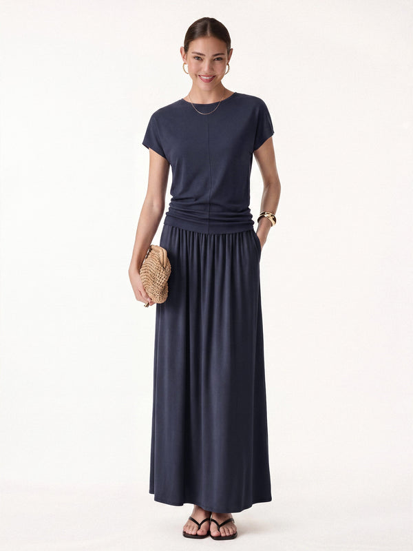 OGLmove 2Pcs Set Round Neck Top & A-Line Maxi Skirt with Pockets Smoky Navy XS