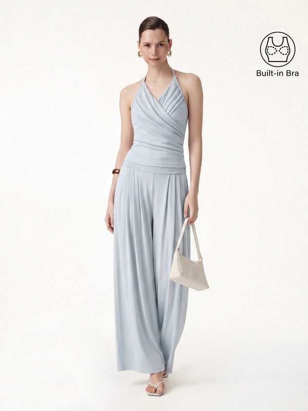 OGLmove 2Pcs Set Halter Neck Surplice Bra Top & Tucked Palazzo Pant with Pockets Smoke Blue XS