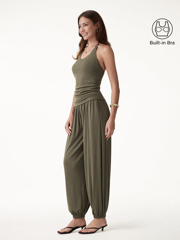 OGLmove 2Pcs Set Open Back Bra Top & Balloon Pants with Pockets Olive XS