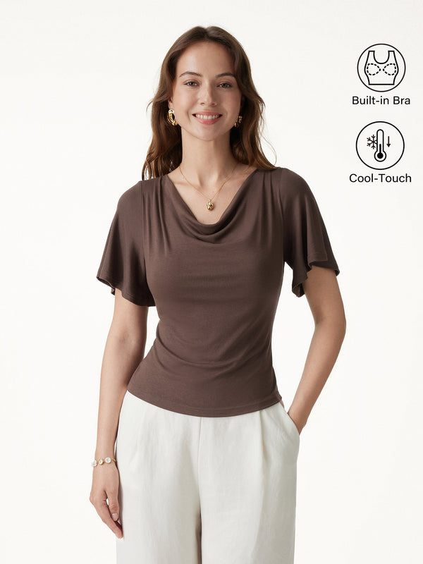OGLmove Cowl Neck Flutter Sleeve Bra Top Chocolate Brown XS