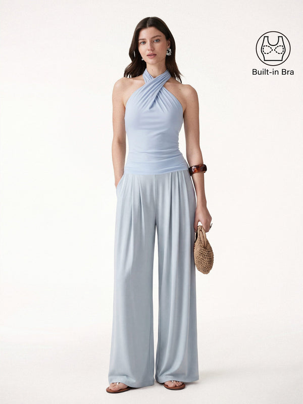 OGLmove 2Pcs Set Criss Cross Bra Top & Tucked Palazzo Pants with Pockets Dew Sky Blue/Smoke Blue XS