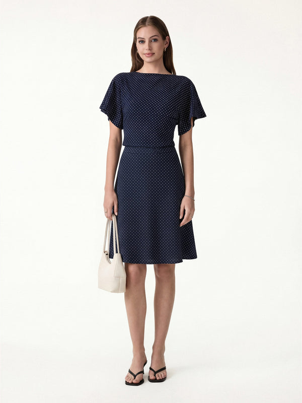 OGLmove 2Pcs Set Boatneck Flutter Sleeves Polka Dot Top & A-Line Flare Skirt Navy/White Polka Dot XS