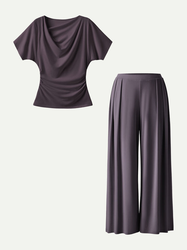 OGLmove 2Pcs Set Cowl Neck Ruched Top & Wide Leg Palazzo Pant with Pockets