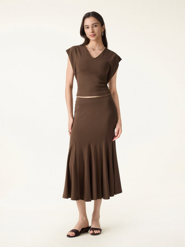 2Pcs Set Cotton Lyocell V-Neck Summer Tee & Flowy Flared Midi Skirt Brunette XS