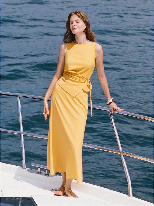 OGLmove 2Pcs Set Boatneck Waist-Defined Top & Maxi Flared Pull-On Skirt Dandelion Yellow XS