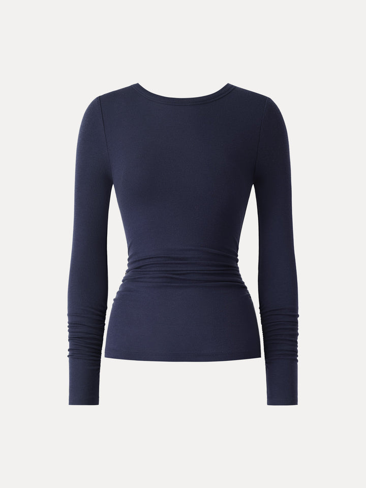 Lyocell Cashmere Ruched Sleeve Skimming Top Smoky Navy XS
