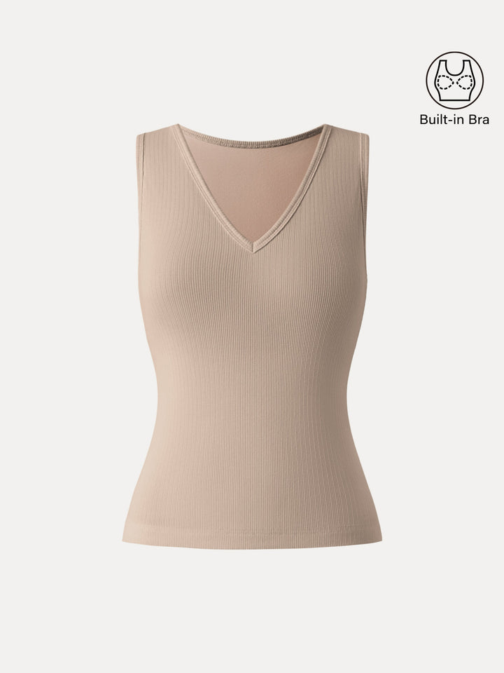 Stretch Cotton Pointelle V-neck Sleeveless Brami Tank Tan XS