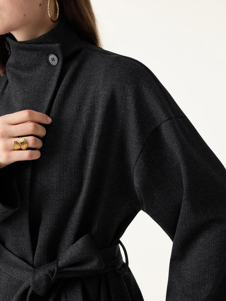 Herringbone Retro Belted Jacket with Pockets