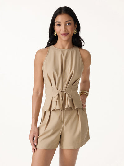 OGLmove Summer Linen Pleated Self-Tie Top Khaki Brown XS