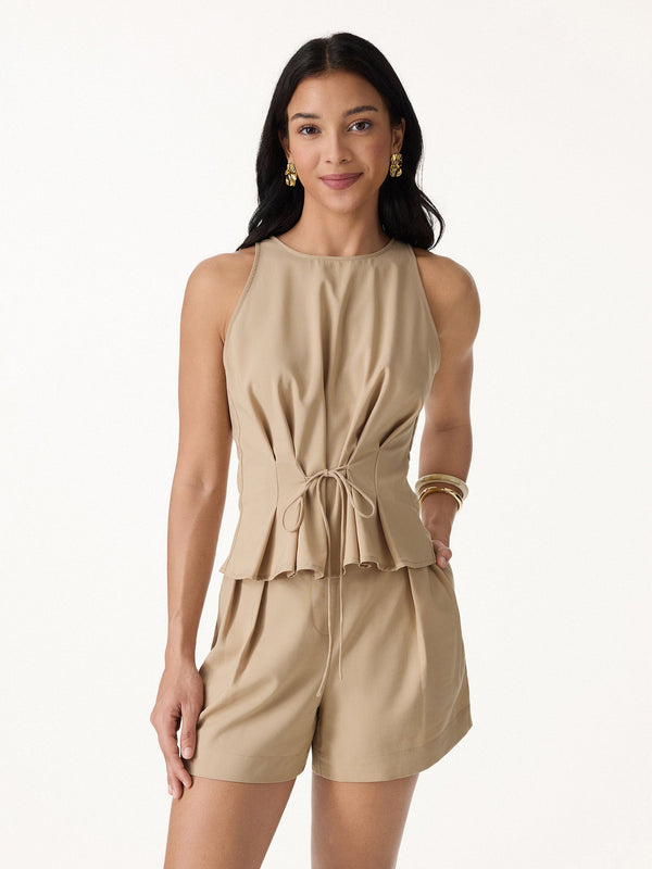 OGLmove Summer Linen Pleated Self-Tie Top Khaki Brown XS