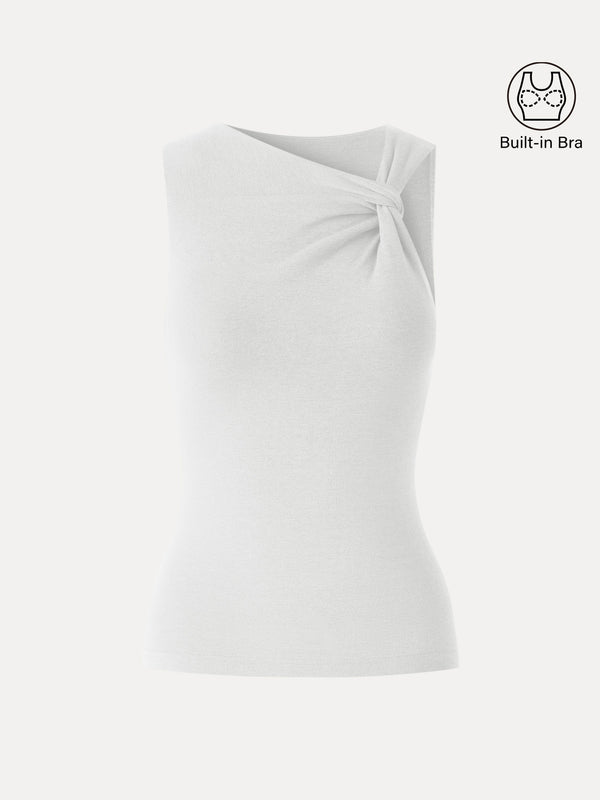 Sweat-Wicking Asymmetrical Neck Knotted Bra Tank White XS