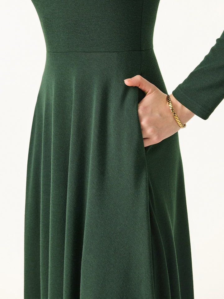 Essential Square Neck Long Sleeve Fit-and-Flare Brami Midi Dress with Pockets