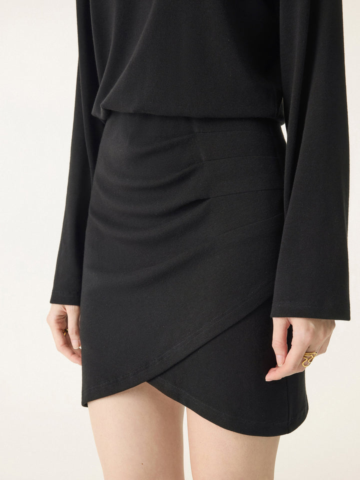 Round Neck Long Sleeve Surplice Hem Mini Dress