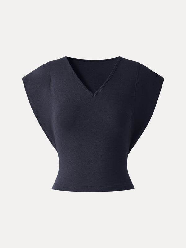 Cotton Lyocell V-Neck Summer Tee Black Navy XS