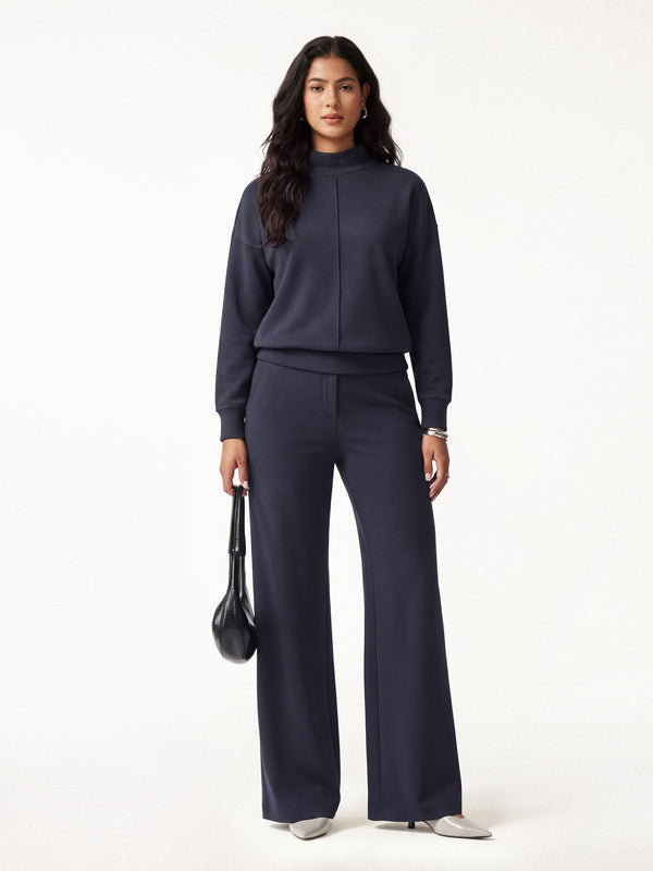 OGLmove 2Pcs Set Mockneck Long Sleeve Shirt & High-Rise Wide Leg Pants with Pockets Universe Navy XXS