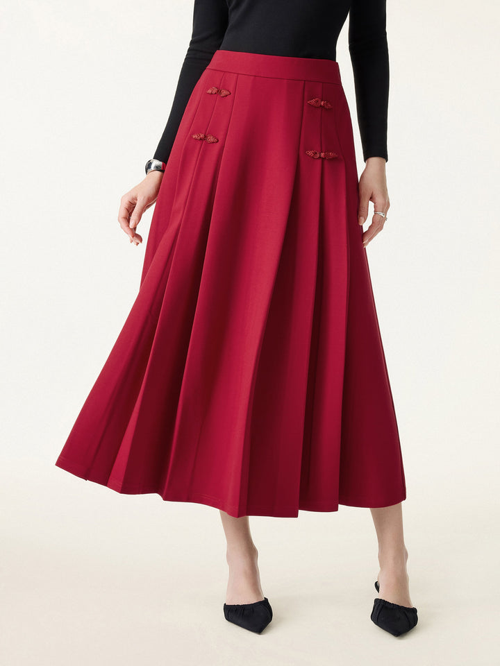 Pleated Frog Button Decor Midi A-line Skirt Retro Red XS