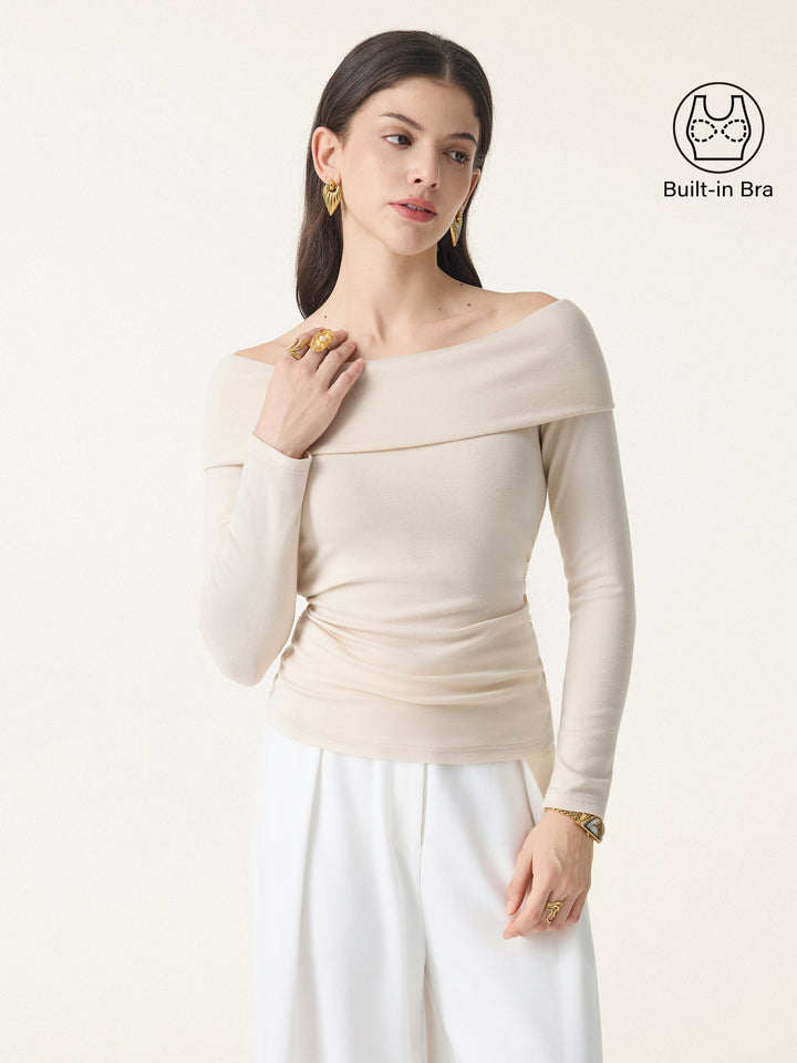 Off-Shoulder Long Sleeve Side Ruched Brami Top Morning Mist XS