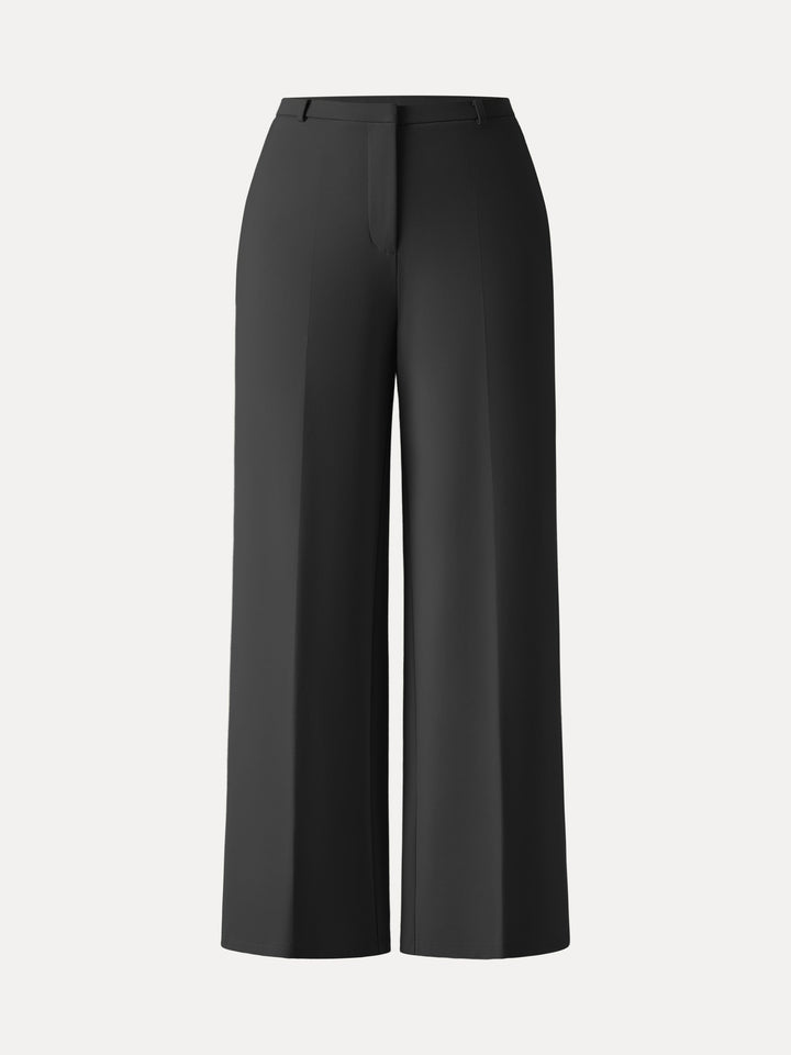 Wrinkle-Resistant High Rise Wide Leg Fly-Front Trousers with Pockets Petite Black