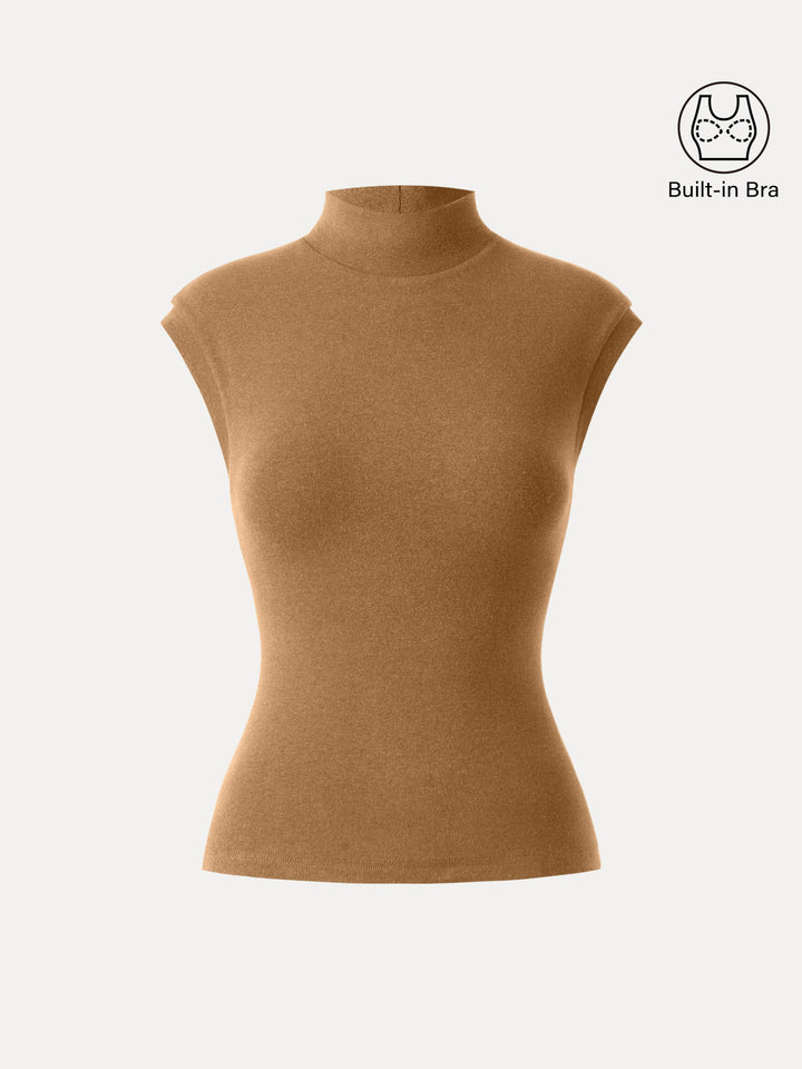 Stretch Cotton Mock Neck Cap Sleeve Brami Top Cinnamon Buff XS