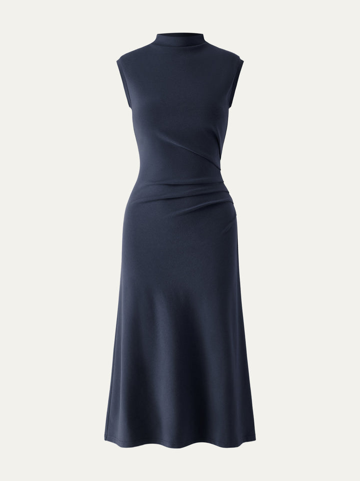 Mockneck Tucks Midi Dress Navy XS
