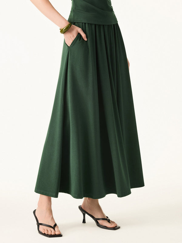 Stretch Cotton Maxi Umbrella Skirt with Pockets