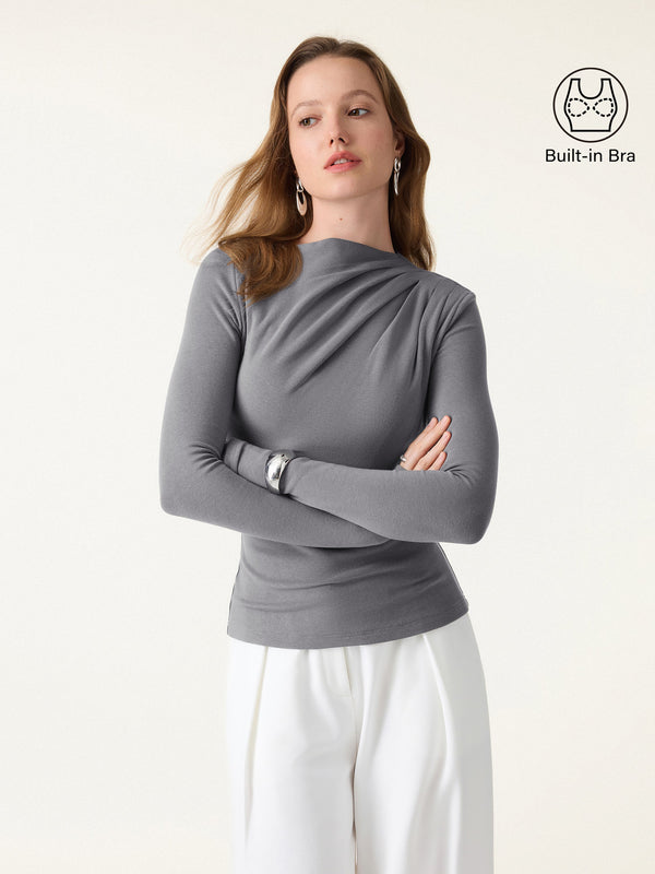 ProWarm Ruched Boatneck Long Sleeve Brami with Thumbholes Grey XS