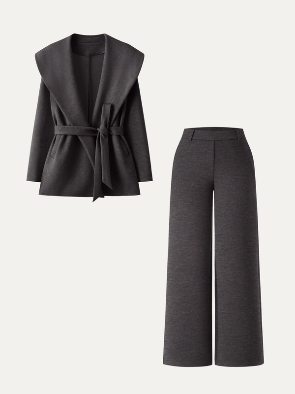 OGLmove 2Pcs Set Petite Belted Shawl Collar Robe Jacket & Straight Pants with Pockets