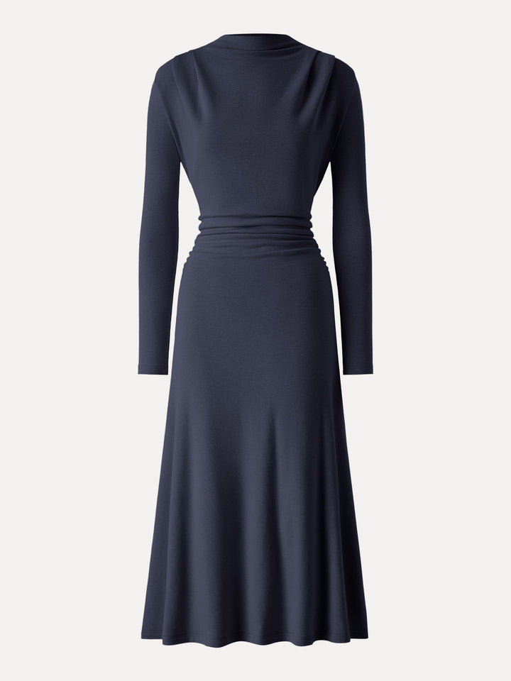 ProWarm Ruched Mockneck Fit-and-Flare Midi Dress Smoky Navy XS