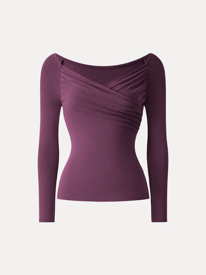 Light Warm Surplice Ruched Long Sleeve Top Plum Berry XS