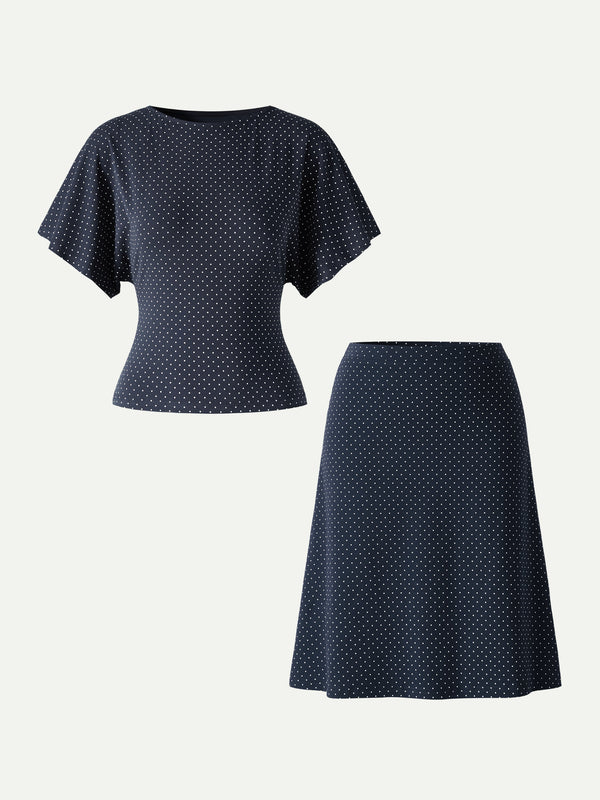 OGLmove 2Pcs Set Boatneck Flutter Sleeves Polka Dot Top & A-Line Flare Skirt