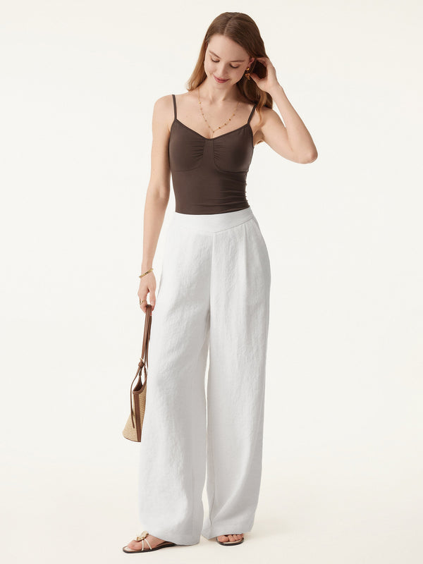 2Pcs Set V-neck Bra Top & Mid Rise Wide Leg Pant with Pockets