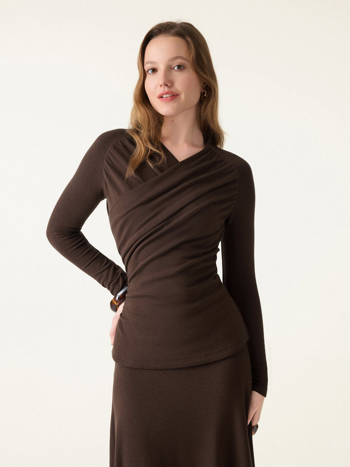 ProWarm Ruched Surplice V-neck Long Sleeve Top Espresso XS