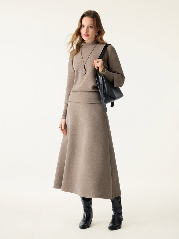 OGLmove 2Pcs Set FuzzLuxe Mockneck Sleeve-Warmer Top & Midi A-line Circle Skirt Heather Tapestry XXS