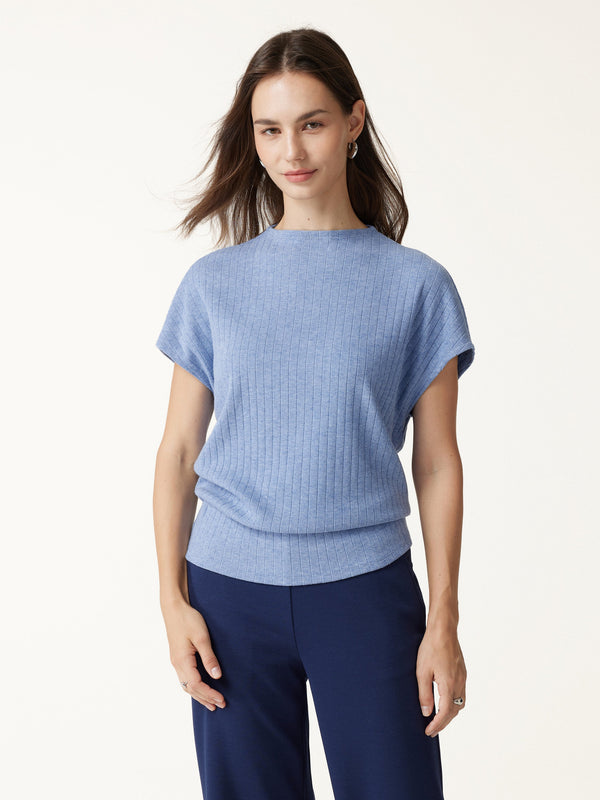 OGLmove Mock Neck Cap Sleeve Banded Hem Top Heather Light Coast Blue XXS