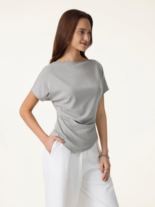 OGLmove 2Pcs Set Boatneck Angled Tee & Mid Rise Wide Leg Trousers