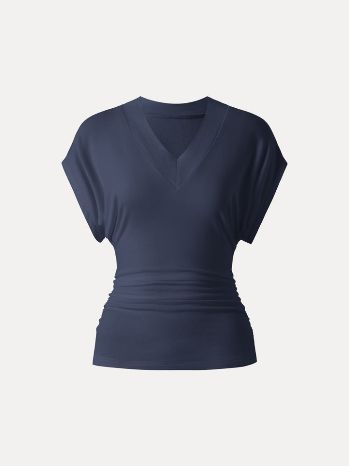 Lyocell Cashmere Blend V-neck Short Sleeve Side Ruched Tee Smoky Navy XS