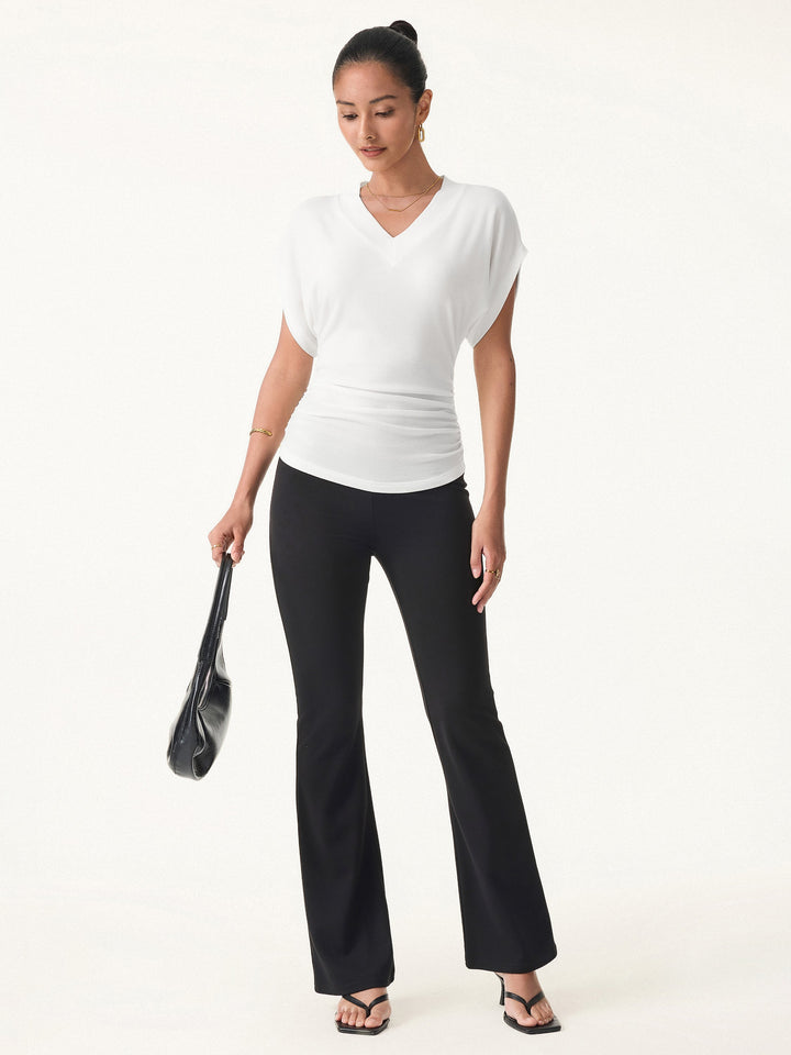 Lyocell Cashmere Blend V-neck Short Sleeve Side Ruched Tee