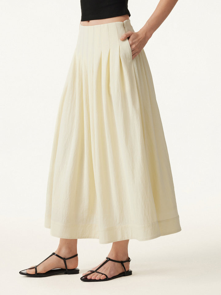 Wrinkle-free Cotton-linen Mid Rise Pleated Midi Skirt
