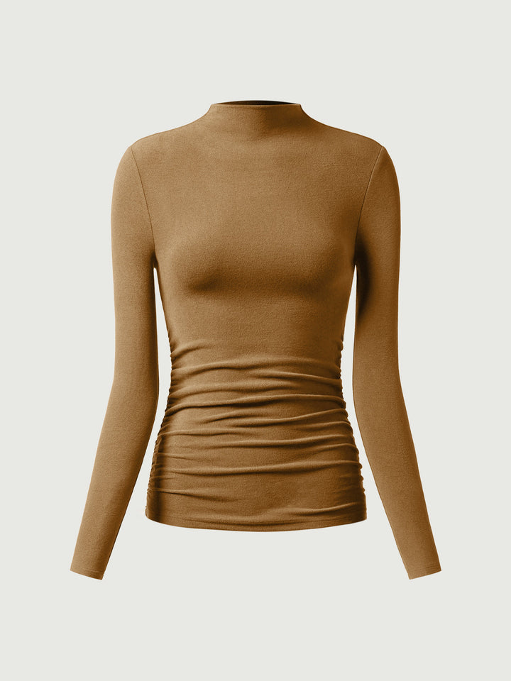 Thermal Ruched Sides Tuckable Mockneck Top Cinnamon Buff XS