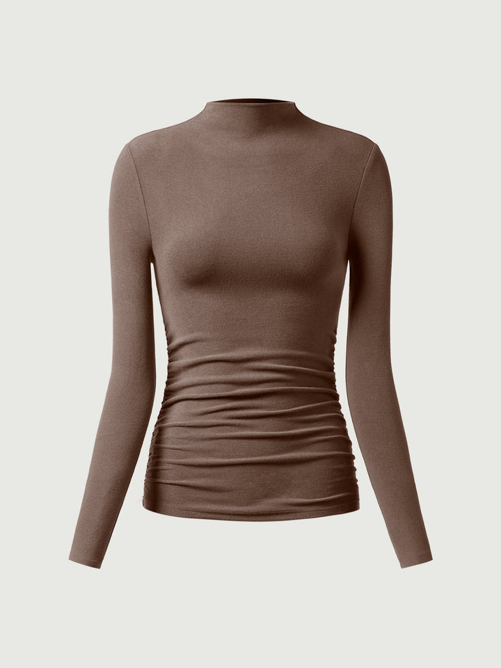 Thermal Ruched Sides Tuckable Mockneck Top Mocha XS