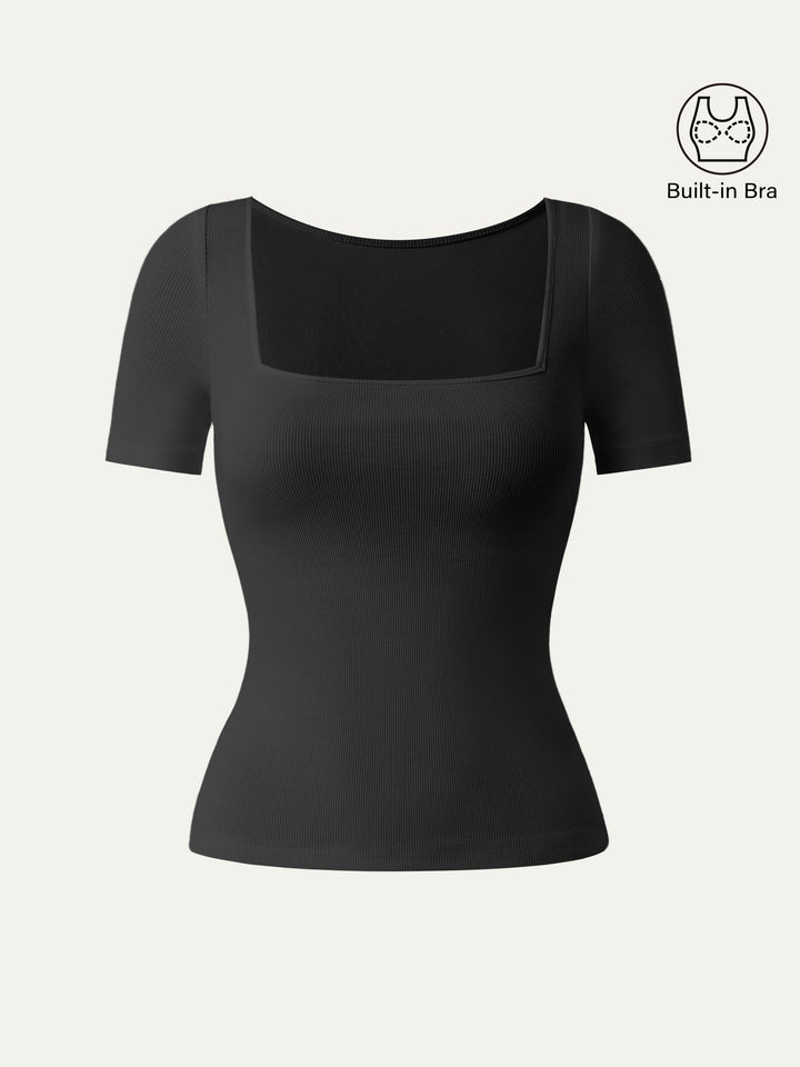 Square Neck Short Sleeve Cotton New Airy Brami Black XS