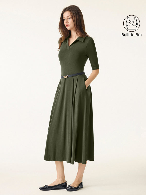 OGLmove Polo Neck Elbow Length Sleeve Midi Brami Dress with Pockets