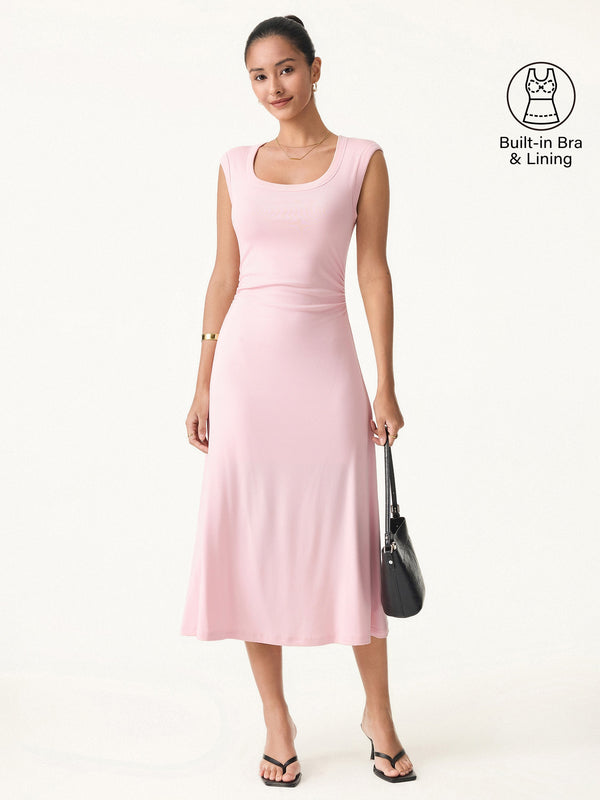 OGLmove Scoop Neck Side Ruched New Airy Bra Midi Dress Light Pink XS