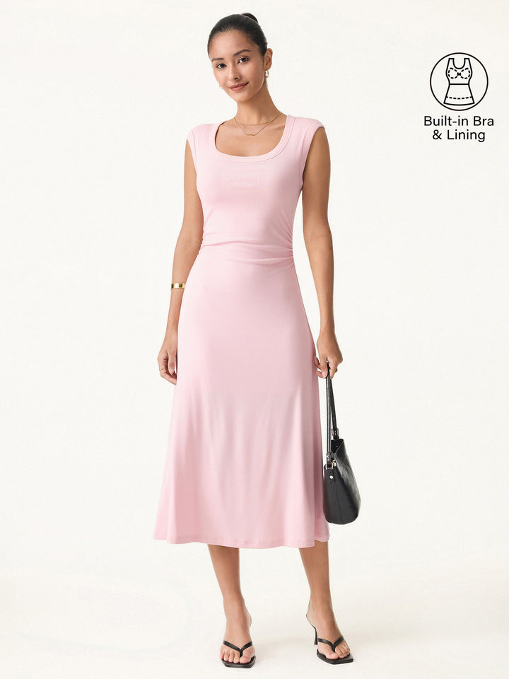 Scoop Neck Side Ruched New Airy Brami Midi Dress Light Pink XS